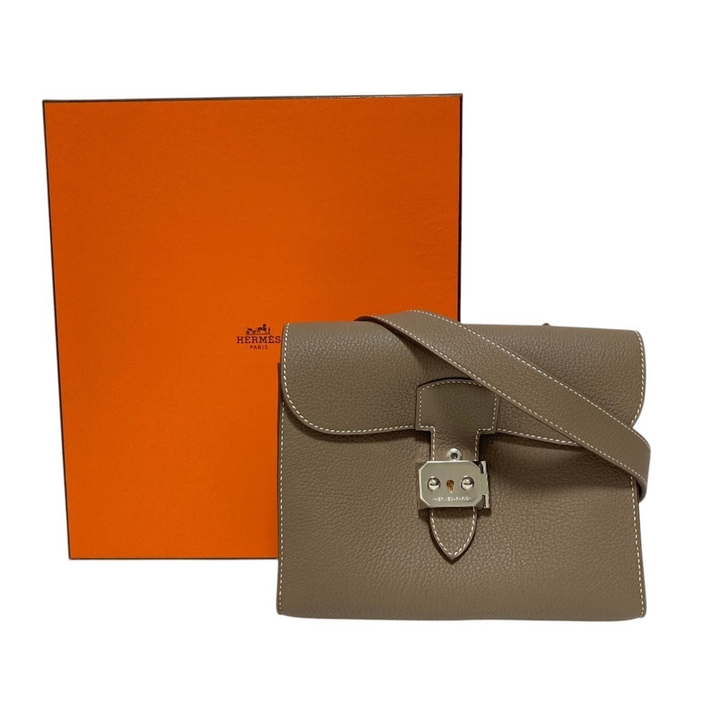 HERMES Sac à Dépêches 21 Shoulder Bag, Etoupe, Silver Hardware, Women's